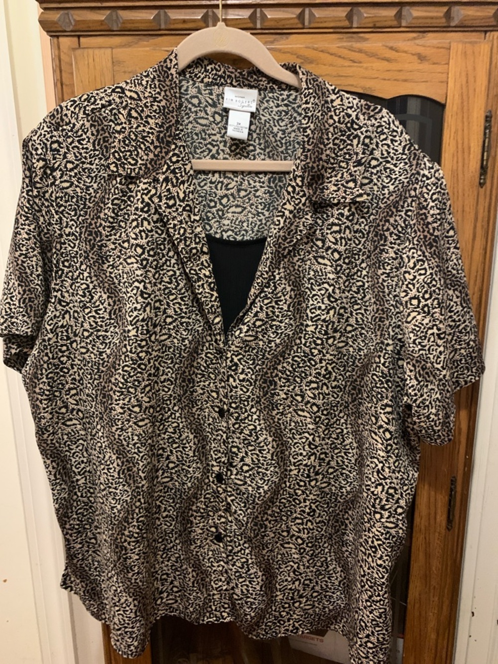Button Front Animal Print Blouse in Black and Tan